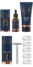 Rasierhobel mit 5 Klingen, Rasur- und Kantengel 150 ml, Bartöl 30 ml